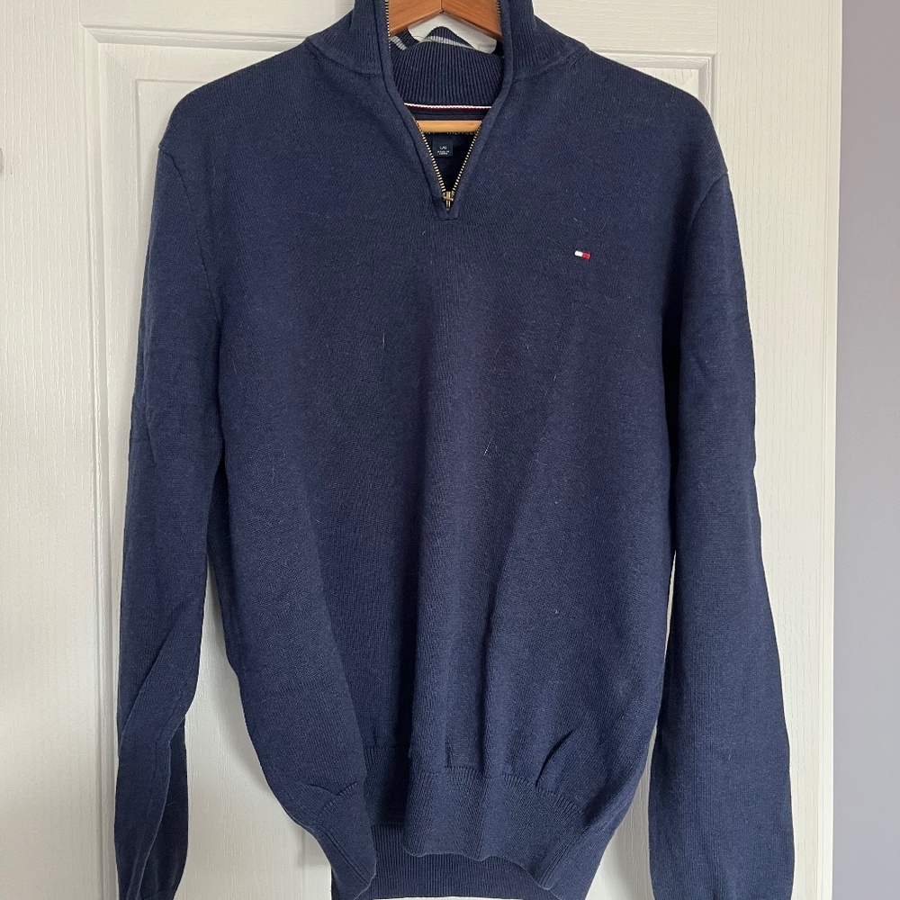 Tommy Hilfiger Classic Quarter Zip Sweater- Navy, Size Large